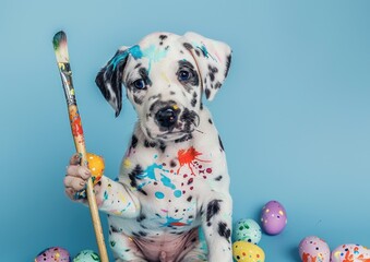 Dalmatian puppy painting easter eggs with paintbrush on turquoise background