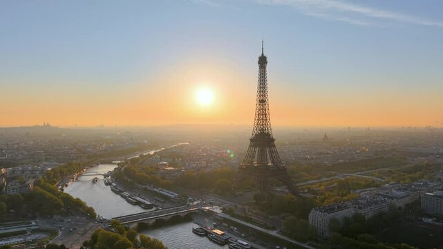 Aerial view of Experience the breathtaking beauty of a stunning Paris sunrise with the iconic Eiffel Tower. France