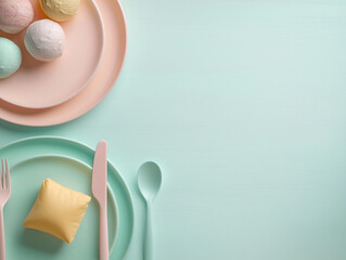 Fototapeta premium Pastel-colored dessert table with ice cream and playful decor 