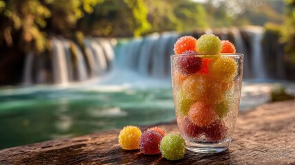 Colorful fruit-flavored candies in a glass by a waterfall.