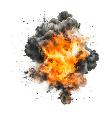 Fiery explosion with smoke plumes and debris in motion, cut out - stock png.