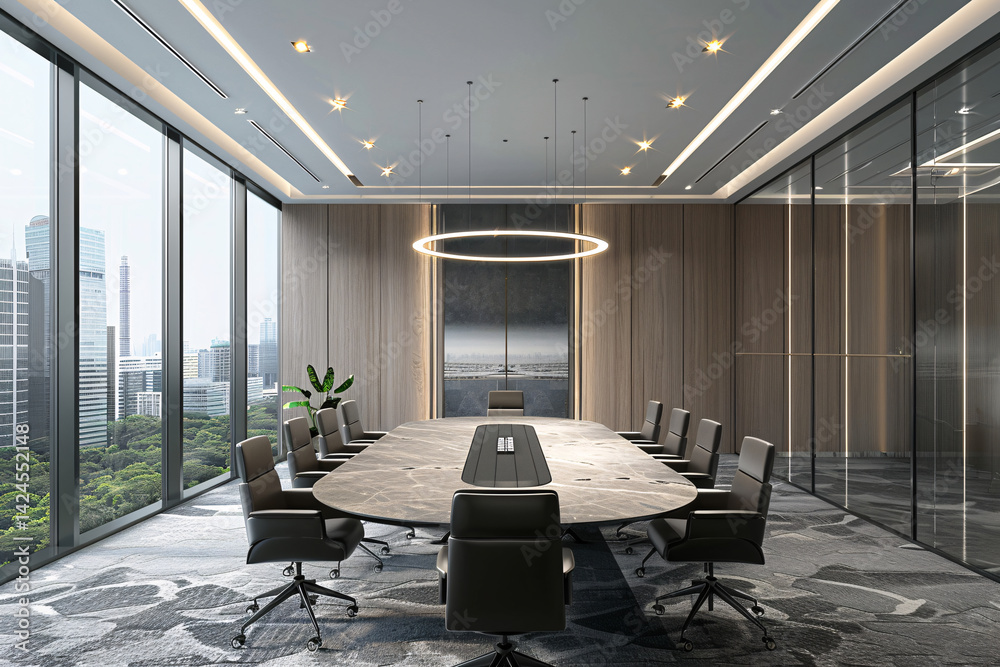 Poster corporate executives prepare to engage in discussions and contract signings in an empty boardroom