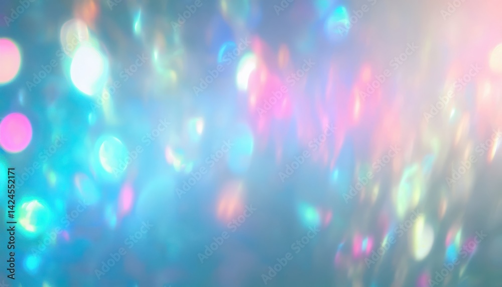 Poster soft pastel light bokeh texture with rainbow holographic reflections for web design, branding, and p