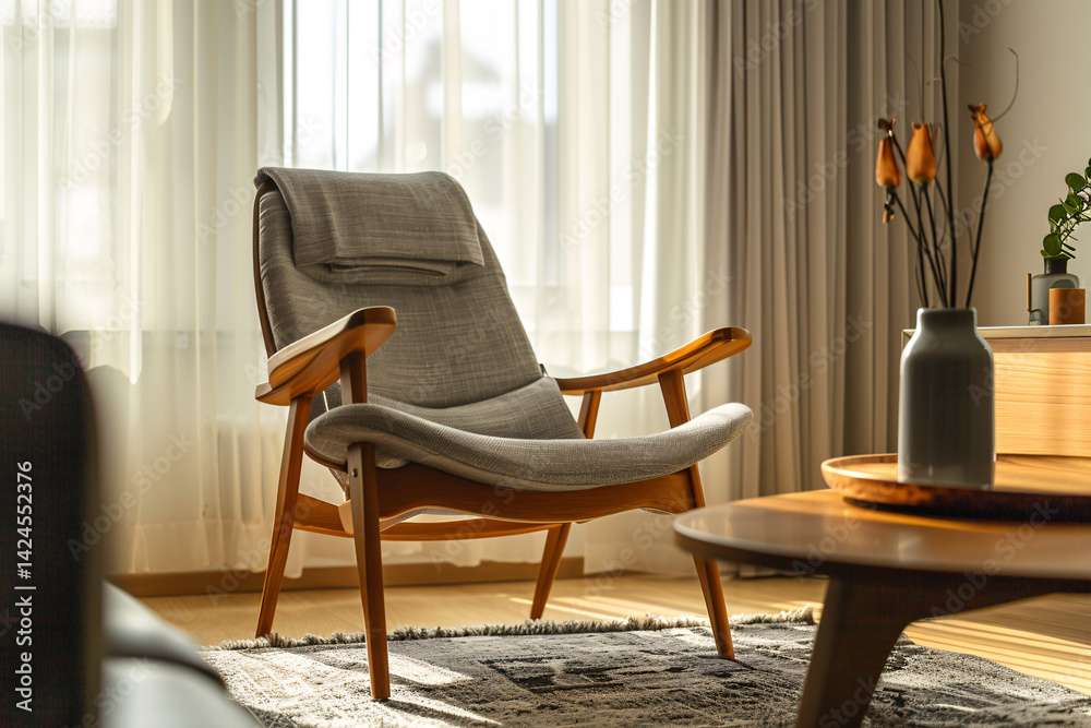 Poster empty armchair is bathing in the sun rays coming from a window