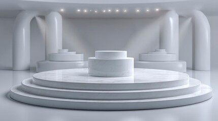 Fototapeta premium Elegant Marble Platform: Minimalist White Display with Cylindrical Elements