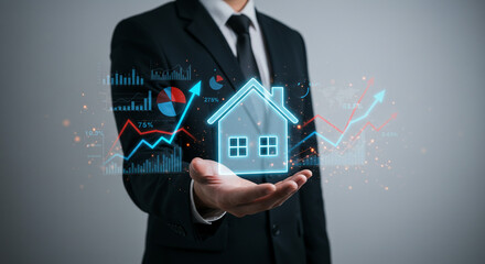 Businessman presenting a glowing house icon symbolizing real estate market growth digital charts and