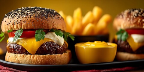 Two Burgers with French Fries and Sauce