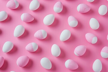 A row of eggs with white and pink paint on them