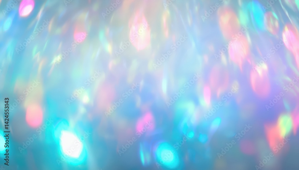 Poster soft pastel light bokeh texture with rainbow holographic reflections for web design, branding, and p
