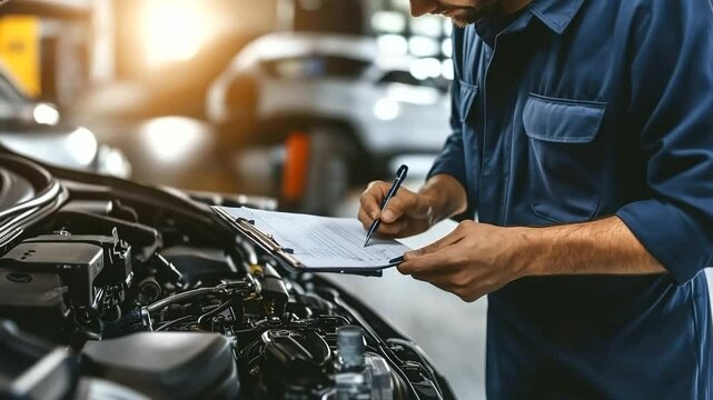 A mechanic in a navy-blue coverall inspects a car engine, holding a clipboard with a job checklist. Overhead lights reflect off the metal as he checks oil levels and notes repairs.