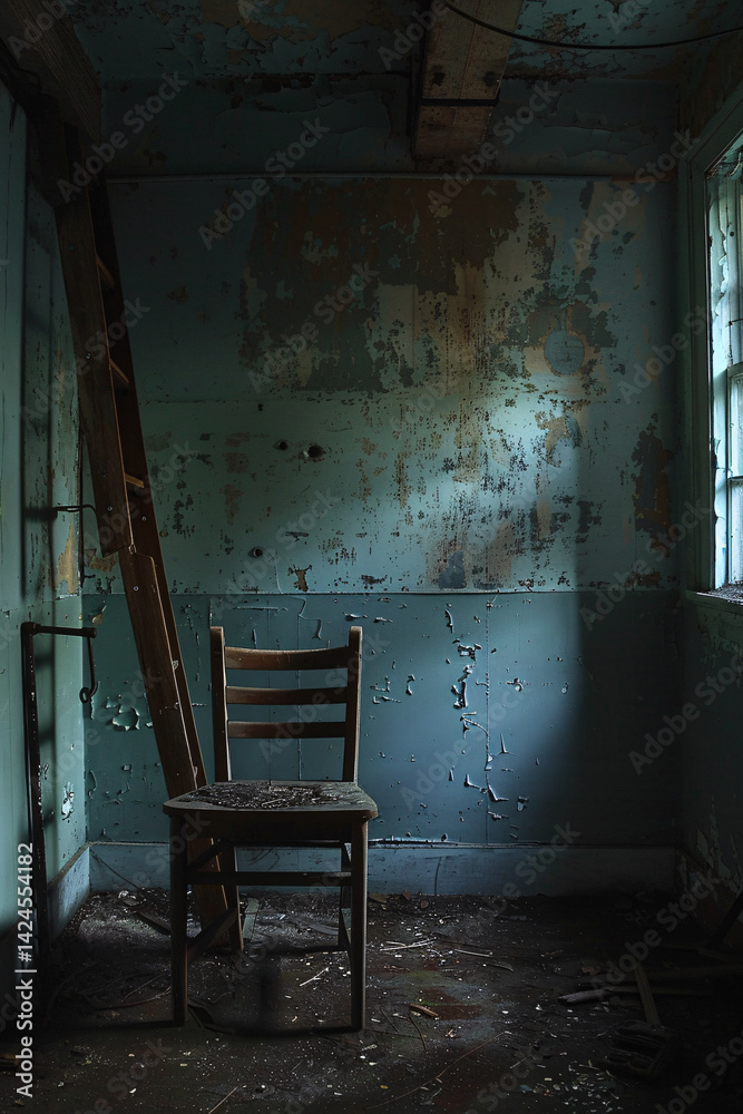 Poster light shining through a window, illuminating a lonely chair in an abandoned building