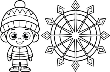 Outlined Happy Boy With Winter Hat Beside Decorative Snowflake, Black and White