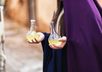 Traditional Ritual with Sacred Oils in Glass Flasks
