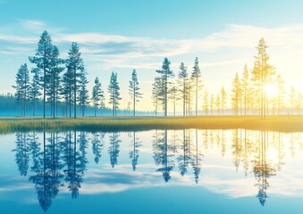 Sunrise over Misty Lakeside Forest