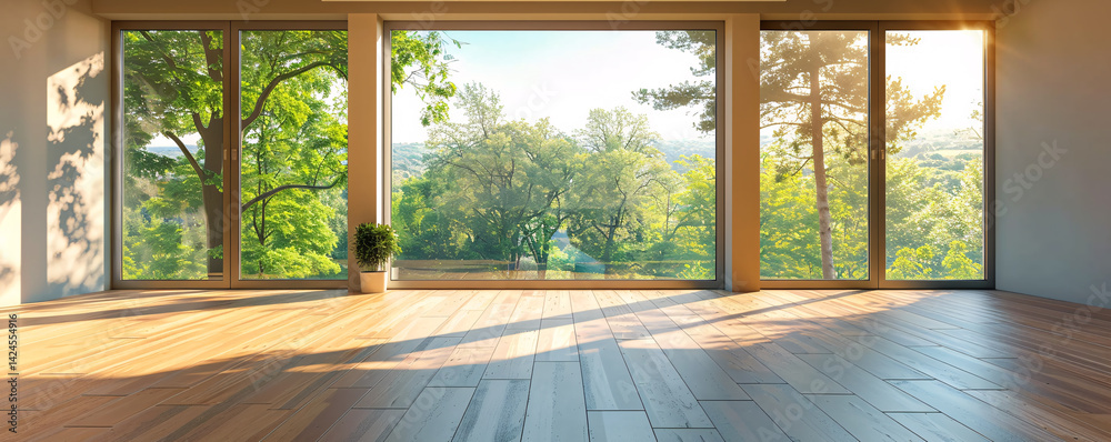Aufkleber sunny day in a modern home with a view of a lush green forest through the windows