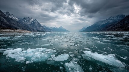 Fototapeta premium Frozen lake reflects stormy mountain sky.
