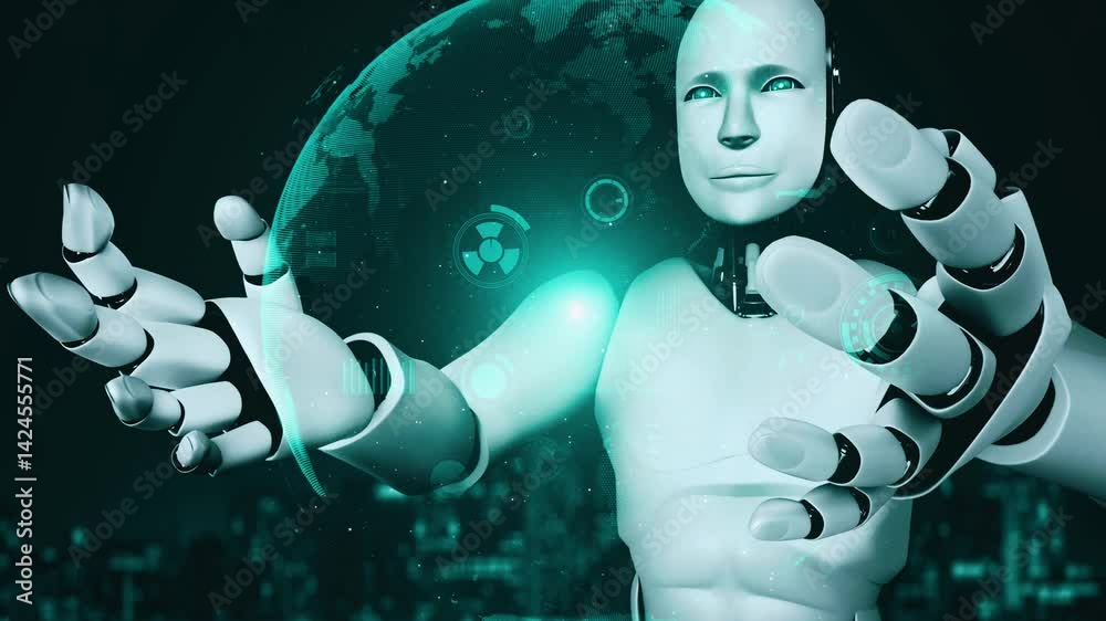Poster futuristic robot artificial intelligence huminoid ai for industrial factory technology development a
