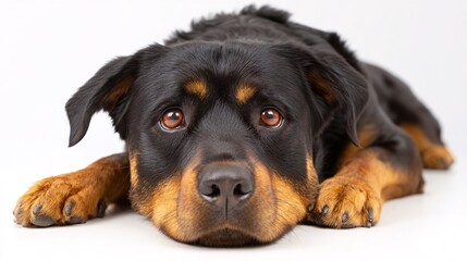Fototapeta premium Close-up of a Rottweiler lying down with expressive eyes