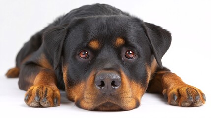 Fototapeta premium Rottweiler Dog Lying Down with Focused Eyes