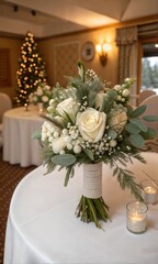 Beautiful winter wedding bouquet on an indoor table (Bouquet)