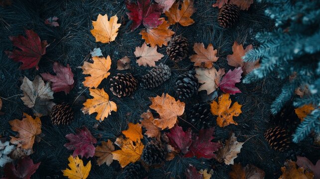 Overhead view of colorful autumn leaves with pine cones