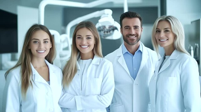 A group of dentists and assistants in neatly pressed uniforms stand side by side in a state-of-the-art dental office. Their welcoming expressions reflect teamwork, success, and exc