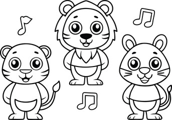 Cartoon Cute Line Art Three Animals Standing with Music Notes transparent
