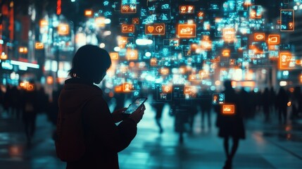 Person using smartphone with futuristic glowing digital icons hologram of followers displayed on screen, surrounded by a mix of real and fake followers. Urban connectivity and smart city concept.