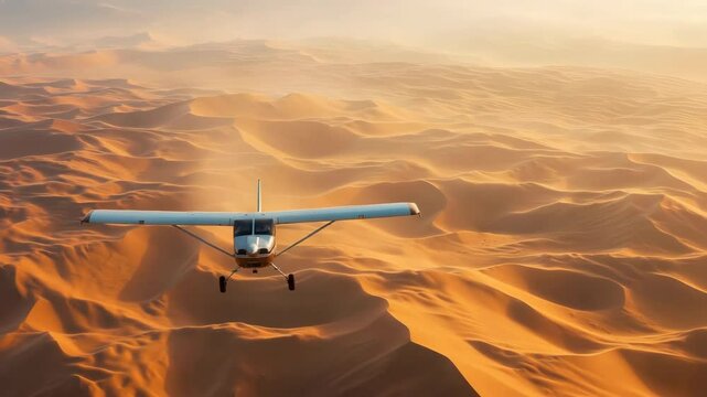 Front view of a small private airplane flying over the sand dunes.