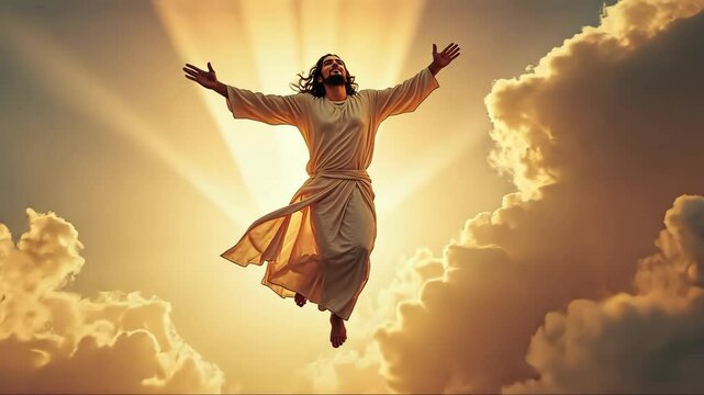 Ascension of Jesus Christ. Man in a white robe is flying in the sky. The sky is filled with clouds and the sun is shining brightly. Concept of freedom and joy