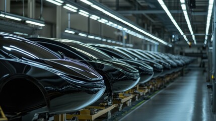 Fototapeta premium Picture of an auto assembly line. Welding the vehicle body. State-of-the-art car production facility. Automobile industry.
