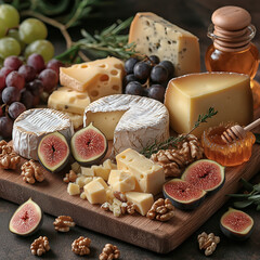 Cheese board on a rustic wooden slab.