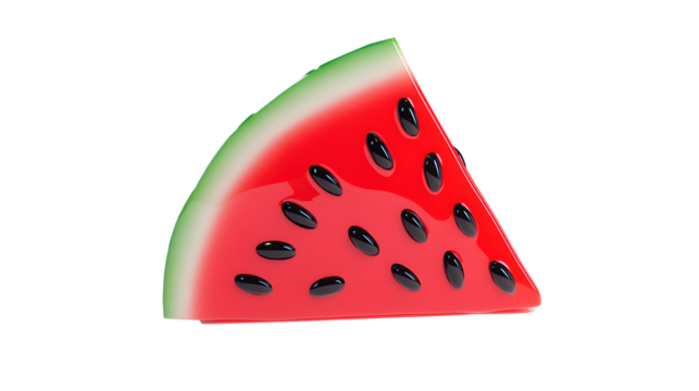 Glossy red watermelon wedge slice with black seeds and green rind on black