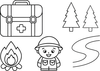 Outline First Aid Box, Cartoon Boy, Fire, Road, Trees, on White