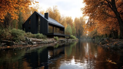 Fototapeta premium Modern Black Cabin by Autumn River Stunning Fall Foliage Lakeside Home Architecture