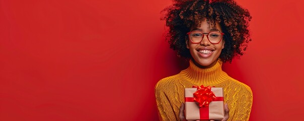 Smiling young woman with glasses and an afro holding a gift with a red bow against a red backdrop