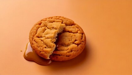 A peanut butter cup cookie with melted center. Cleanly isolated on a pastel caramel background