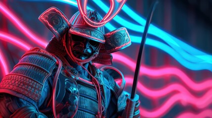 Samurai warrior in neon light futuristic armor holding katana sword Cyberpunk Japanese culture concept
