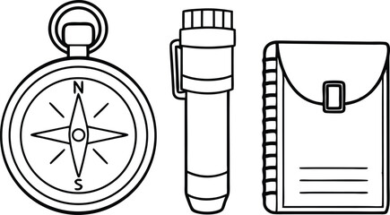 Compass, Flask, and Notebook Outlines on White Background, Minimalist Line Art