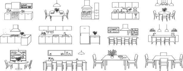 Obraz premium Kitchen and dining room furniture top view. Set of architectural elements for interior design of house, apartment, office. Interior icon, equipment, tables, chairs, sink. Furniture symbol set. 