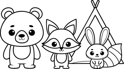 Line art cute bear, fox, rabbit stand by teepee on transparent background design