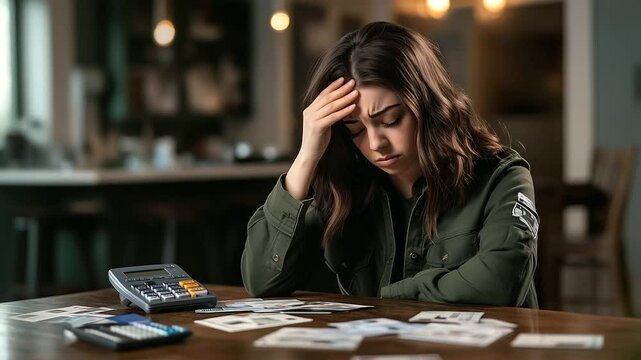 A young woman sits at a wooden table, holding her forehead in frustration. A pile of credit card statements, a calculator, and a closed checkbook highlight her money struggles.