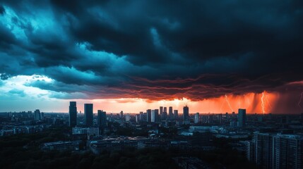 Naklejka premium Dramatic storm clouds loom over a city skyline, with vibrant orange skies signaling a fierce weather change approaching soon.