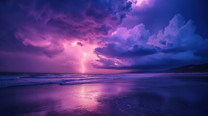 Fototapeta premium A stunning lightning storm over the ocean with purple skies and reflective waters at dusk, creating a magical scene of nature’s power.