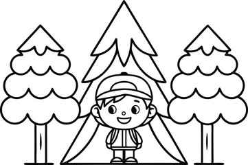 Boy with backpack near pine trees, triangular fir tree on transparent background
