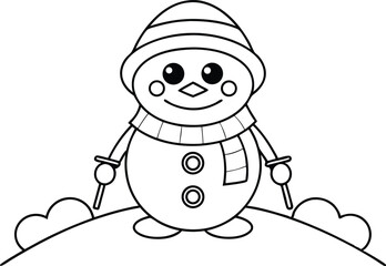 Snowman Outline Cartoon With Hat, Buttons And Scarf Standing On Snow Hill