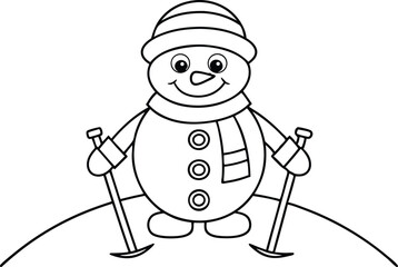 Smiling Outline Snowman With Hat, Scarf, and Buttons Holding Ski Poles on Hill
