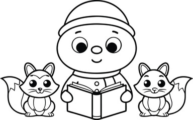 Cartoon Character Reading Book with Foxes, Black Outline on White Background