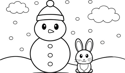 Snowman And Rabbit Together In Snowy Winter Clipart With Clouds And Snow Outline