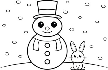 Snowman with Top Hat and Rabbit in Snow, Black and White Cartoon Outline